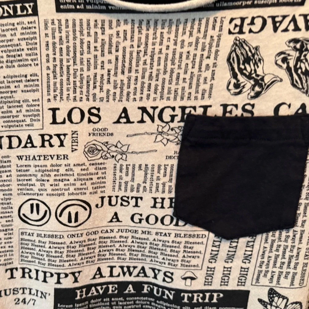 Eighty Eight Brand Boys Newspaper Print Graphic Tee Los Angeles Beige Black 14